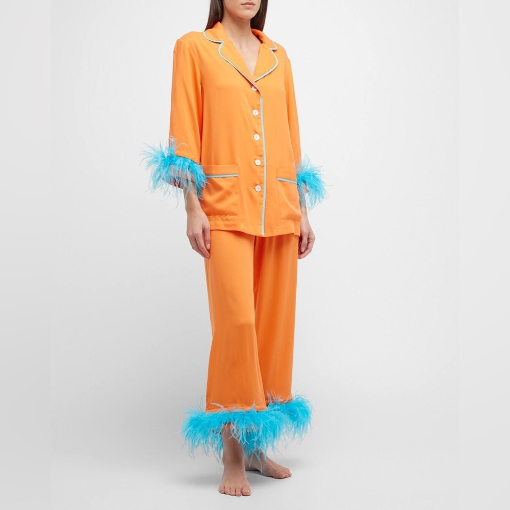 SLEEPER CROPPED DETACHABLE FEATHER-TRIM PARTY PAJAMA SET IN ORANGE - Size XS